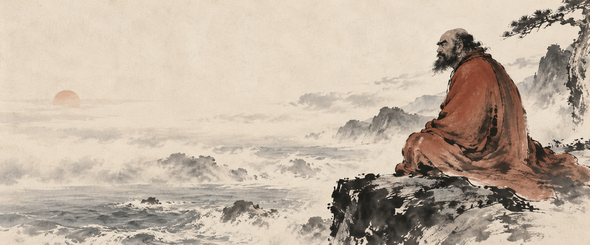 Bodhidharma in a red robe, seated above a misty mountain landscape in an original ink-wash illustration