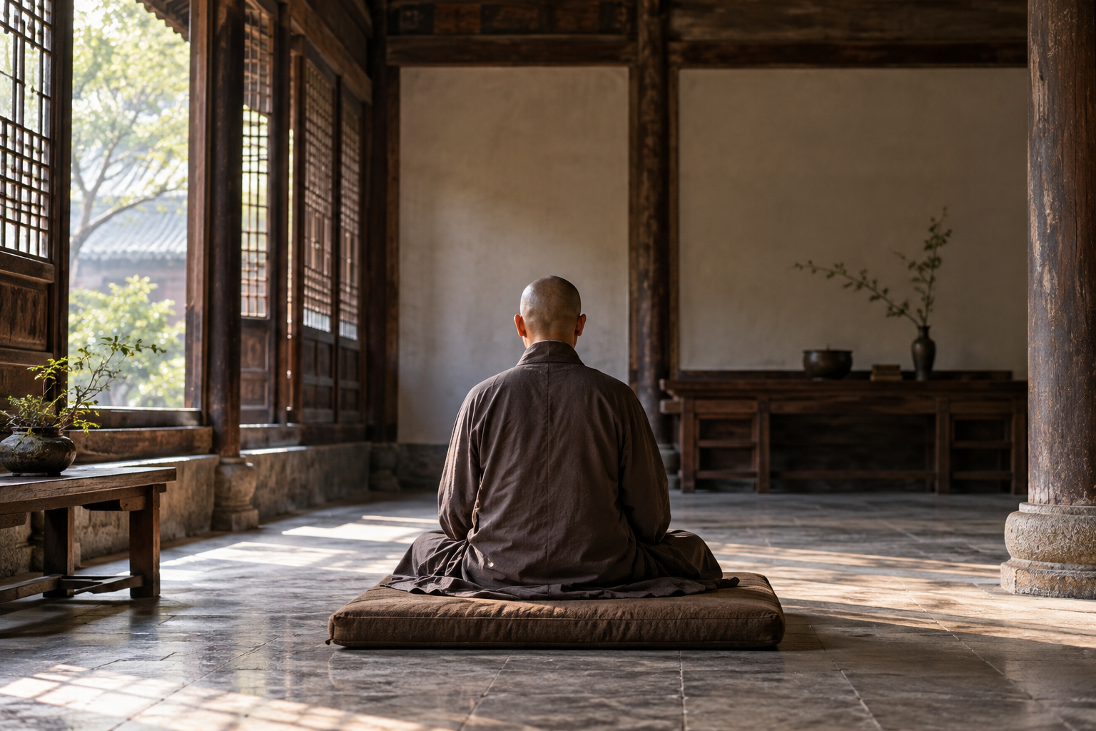 Editorial illustration of a monk seen from behind in seated meditation