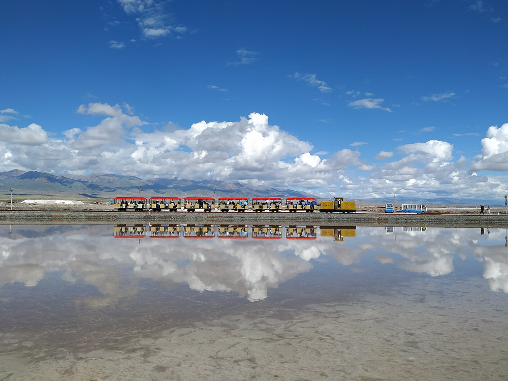 Chaka Salt Lake railway and reflections · Haixi